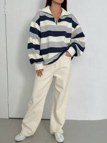 DAZY 條紋印花下垂肩半拉鍊運動衫 - 彩色 - 查看 3