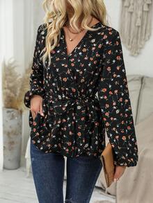 SHEIN Frenchy In hoa Ditsy Tay áo lồng đèn Thắt lưng Áo sơ mi - Nhiều màu - Xem 5