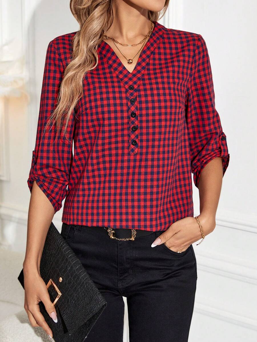 EMERY ROSE 格子襯衫配捲起的袖子 - 紅色 - 查看 1