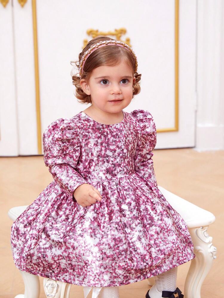 Baby Girls' Gorgeous Beaded Pattern Puff Sleeves Bubble Hem Long Sleeve Dress, Formal Attire