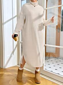 SHEIN Essnce Plus Turtleneck Drop Shoulder Split Hem Dress - Khaki - View 1