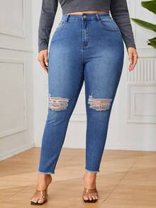 SHEIN Privé 大碼高腰破洞毛邊緣緊身牛仔褲 - 藍色 - 查看 3