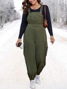 SHEIN LUNE Plus Flap Pocket Overall Jumpsuit Without Tee - Army Green - View 5