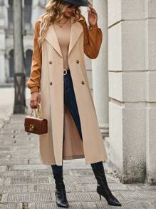 SHEIN LUNE Two Tone Double Breasted Belted Trench Coat - Khaki - View 1