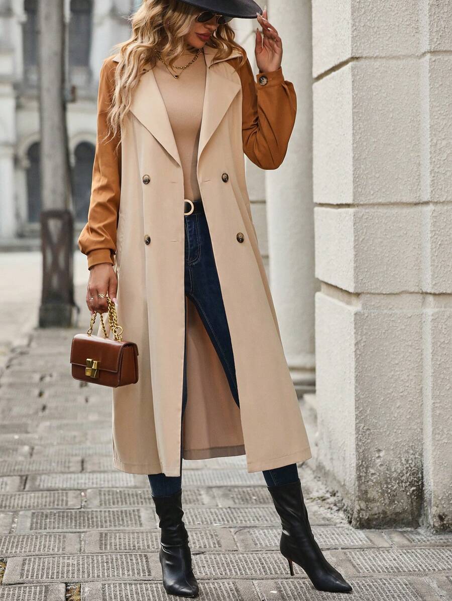 SHEIN LUNE Two Tone Double Breasted Belted Trench Coat - Khaki - View 1
