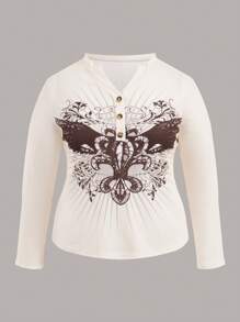 Flirla Plus Butterfly Print Button Front Tee - Apricot - View 1