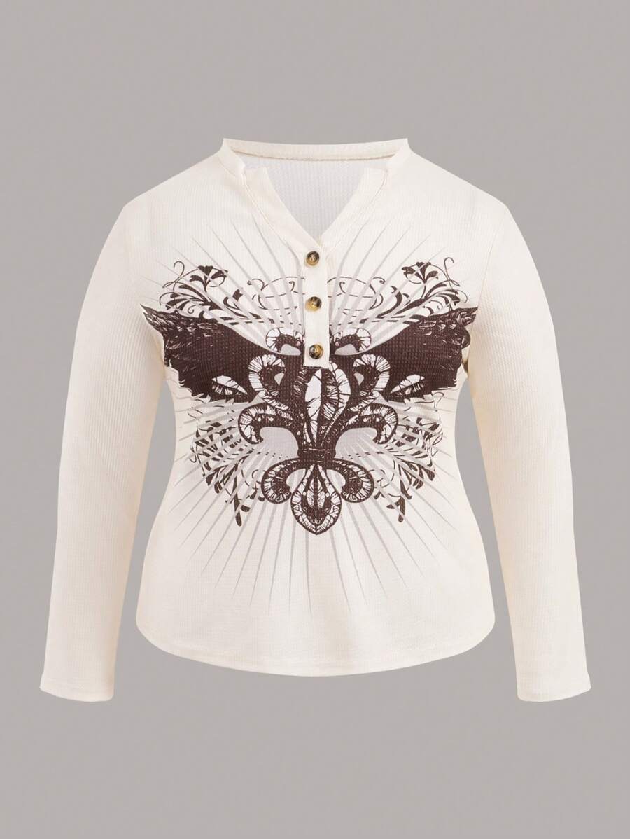 Flirla Plus Butterfly Print Button Front Tee - Apricot - View 1