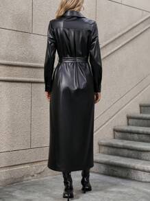 SHEIN Clasi 前扣系带 PU 皮革衬衫裙 女式长款套装 - 黑色 - 查看 2