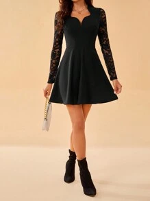 SHEIN Tall 女士拼接蕾絲長袖連衣裙 - 黑色 - 查看 4