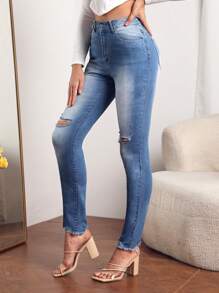 SHEIN Tall High Waist Ripped Raw Hem Skinny Jeans - Medium Wash - View 5