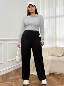 SHEIN EZwear 大尺碼女款黑色針織寬鬆直筒褲,帶糾結紗線細節