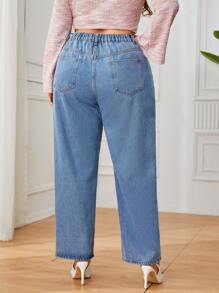 SHEIN Privé 大碼高腰直筒牛仔褲 - 藍色 - 查看 2