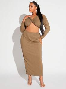 SHEIN SXY Plus Twist Front Crop Top & Skirt - Brown - View 3