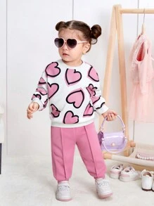 SHEIN Đứa bé gái In Trái tim Áo nỉ & Đường may Chi tiết Quần thể thao - Hồng - Xem 5