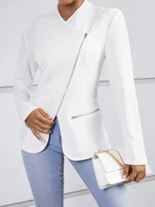 SHEIN Privé Cổ áo thác nước Dây kéo áo - trắng - Xem 6