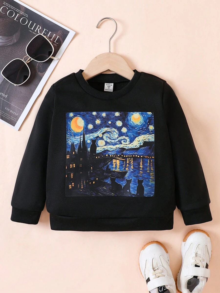 SHEIN 男小童貓&月亮印花運動衫 - 黑色 - 查看 1