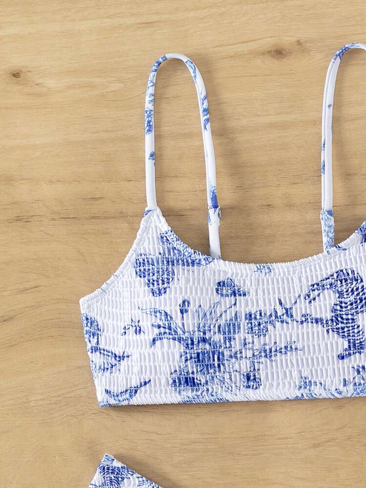 SHEIN Swim Mod 2 יחידות בגדי ים ביקיני מרופטים הדפס פרחים, הדפסים אקראיים קיץ - כחול ולבן - ראה 7