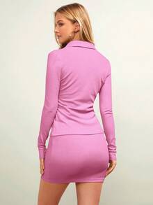 SHEIN Essnce 素色前紐扣襯衫&包臀半身裙 - 粉色 - 查看 2