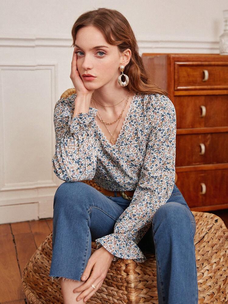 Lace Trim Embroidery Mesh Back Ditsy Floral Blouse Winter Vacation Flower