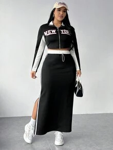 SHEIN EZwear 大碼字母圖案拼接側邊接縫夾克&半身裙 - 黑色 - 查看 5