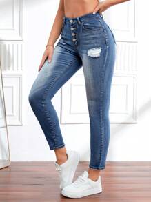 口袋 破洞 前紐扣純色女士牛仔褲 - 藍色 - 查看 1