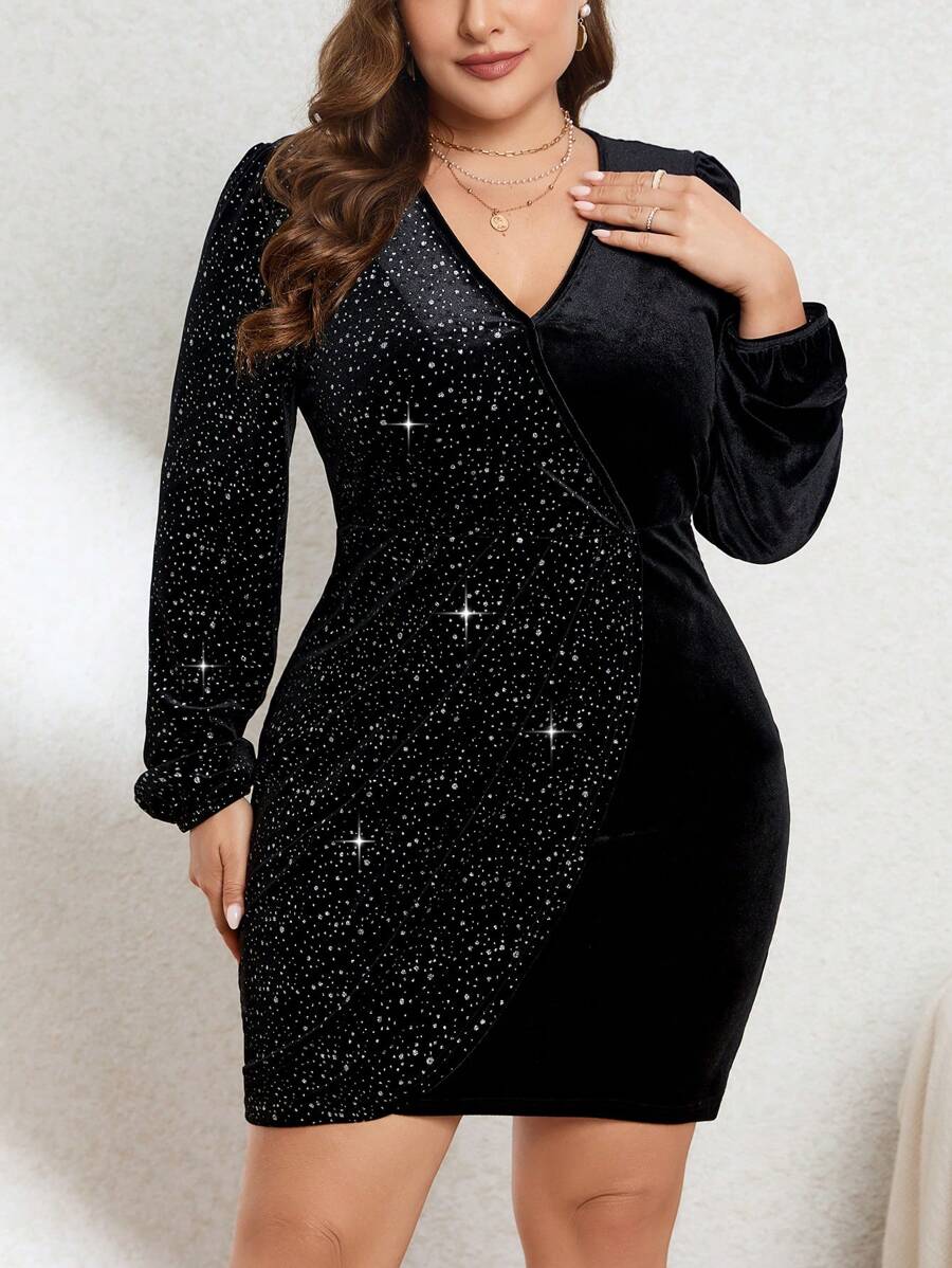 SHEIN Privé 優雅大碼燈籠袖洋裝 - 黑色 - 查看 1