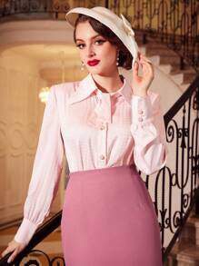 Vintamour Camisa de cuello con cordón con botón delantero - Rosa - Ver 3