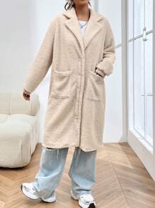 SHEIN EZwear Dual Pocket Drop Shoulder Fleece Coat