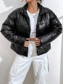 SHEIN EZwear 女士黑色编织夹棉大衣 - 黑色 - 查看 1