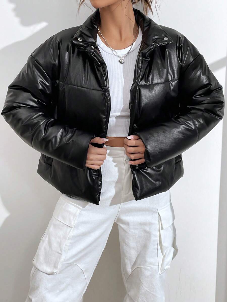 SHEIN EZwear 女士黑色编织夹棉大衣 - 黑色 - 查看 1