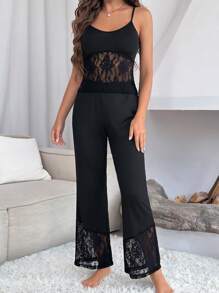 Contrast Lace Cami Top & Pants PJ Set / Pajama Set - Black - View 6
