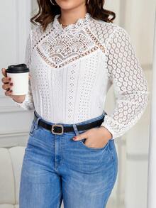 SHEIN Frenchy 大碼水溶蕾絲拼接燈籠袖上衣 - 白色 - 查看 5