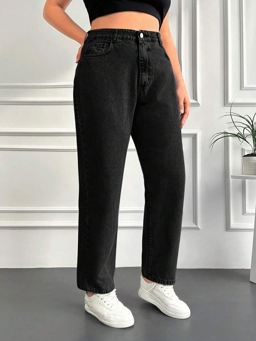EURMUSE Quần Jeans Ống Thẳng Màu Trơn Cỡ Lớn - màu đen - Xem 1