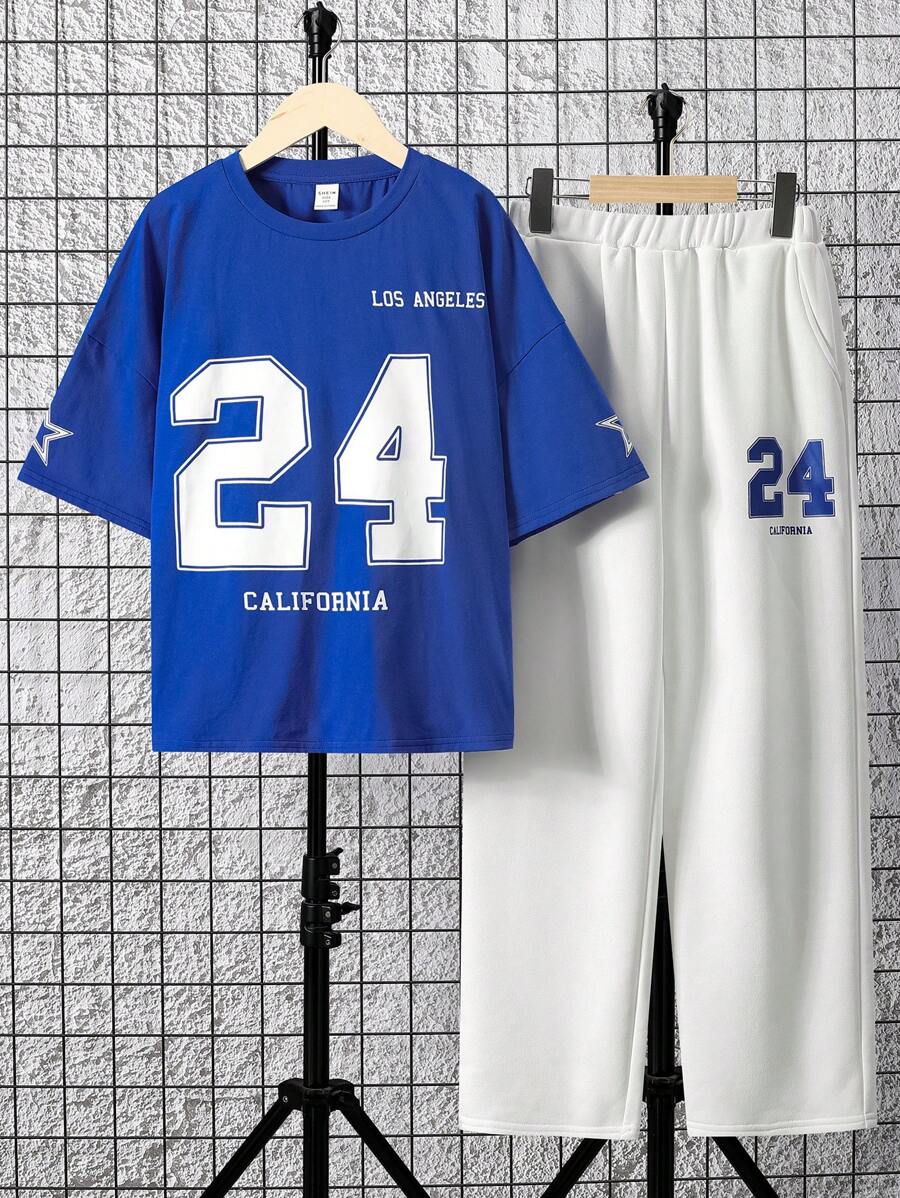 SHEIN Leap Crew 少年男孩2入組休閒字母印花短袖t恤和長褲套裝 - 藍色 - 查看 1