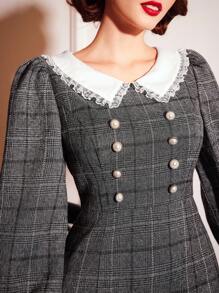 SHEIN DECDS Của phụ nữ Kẻ sọc Tay áo lồng đèn Khối màu Babydoll Vòng cổ Đầm Với Trang trí ren Nút Chi tiết - Nhiều màu - Xem 9