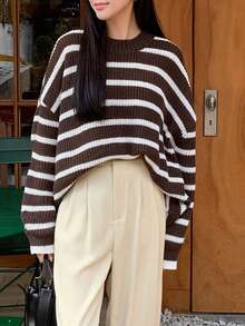 DAZY 女式圓領條紋放肩毛衣 - 咖啡棕 - 查看 6