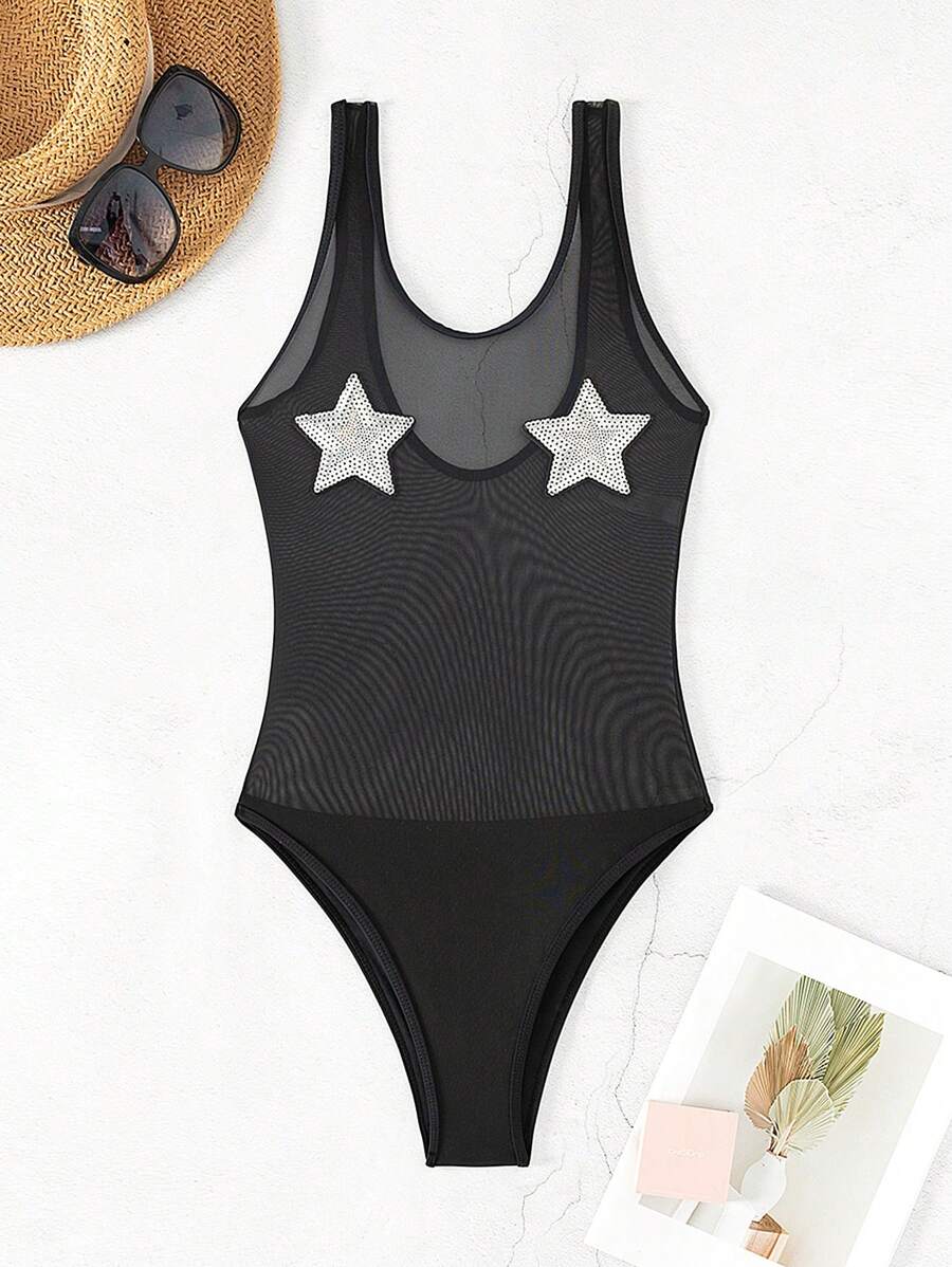SHEIN Swim Đồ bơi một mảnh Với Hình sao - màu đen - Xem 1