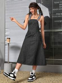SHEIN EZwear Women's Striped Shoulder Strap Denim Dress