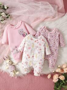 SHEIN Baby Girl 3pcs Casual Floral Printed Ruffle Romper - Multicolor - View 1