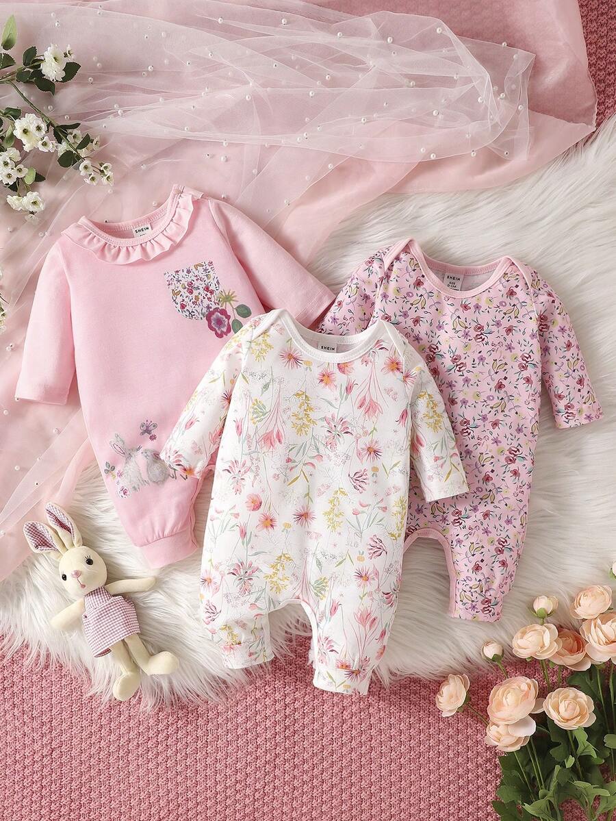SHEIN Baby Girl 3pcs Casual Floral Printed Ruffle Romper - Multicolor - View 1