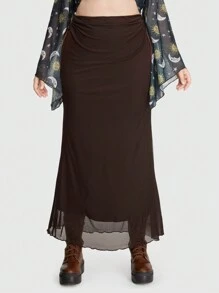 ROMWE Fairycore Kích thước lớn Lưới Sợi Bên Buộc Váy - màu nâu - Xem 4