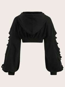 SHEIN EZwear Plus Size Cut Out Drop Shoulder Drawstring Crop Sweatshirt Winter Fall Autumn - Black - View 2