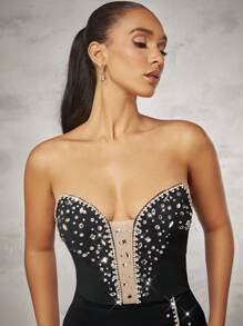 SHEIN BAE Vestido Palabra De Honor Con Empalme De Malla Decorado Con Diamantes De Imitación Para Mujer - Negro - Ver 6