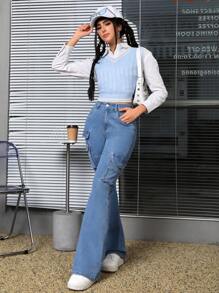 SHEIN EZwear Flap Pocket Flare Leg Cargo Jeans - Medium Wash - View 5