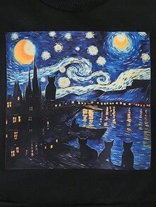 SHEIN 男小童貓&月亮印花運動衫 - 黑色 - 查看 5