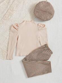 SHEIN Leap Crew 女小童小高領羊腿袖T恤&格子圖案長褲&帽 - 彩色 - 查看 2