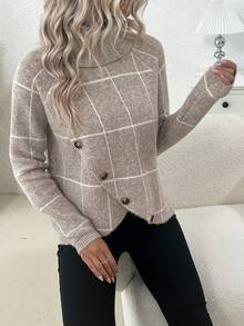 SHEIN LUNE Hoa văn kẻ sọc Áo cao cổ Tay Raglan Chi tiết Nút Áo len - Màu be - Xem 3