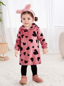 SHEIN Baby Girl Heart Print Hooded Flannel Dress