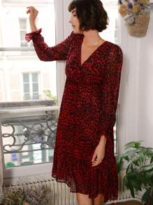 SHEIN Frenchy Allover Print Ruffle Hem Frill Trim Wrap Dress Winter Elegant Evening Dress - Multicolor - View 5