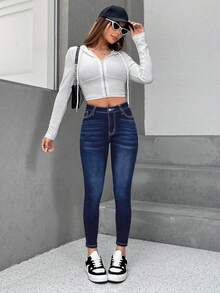 SHEIN PETITE Moustache Effect Skinny Jeans - Dark Wash - View 5